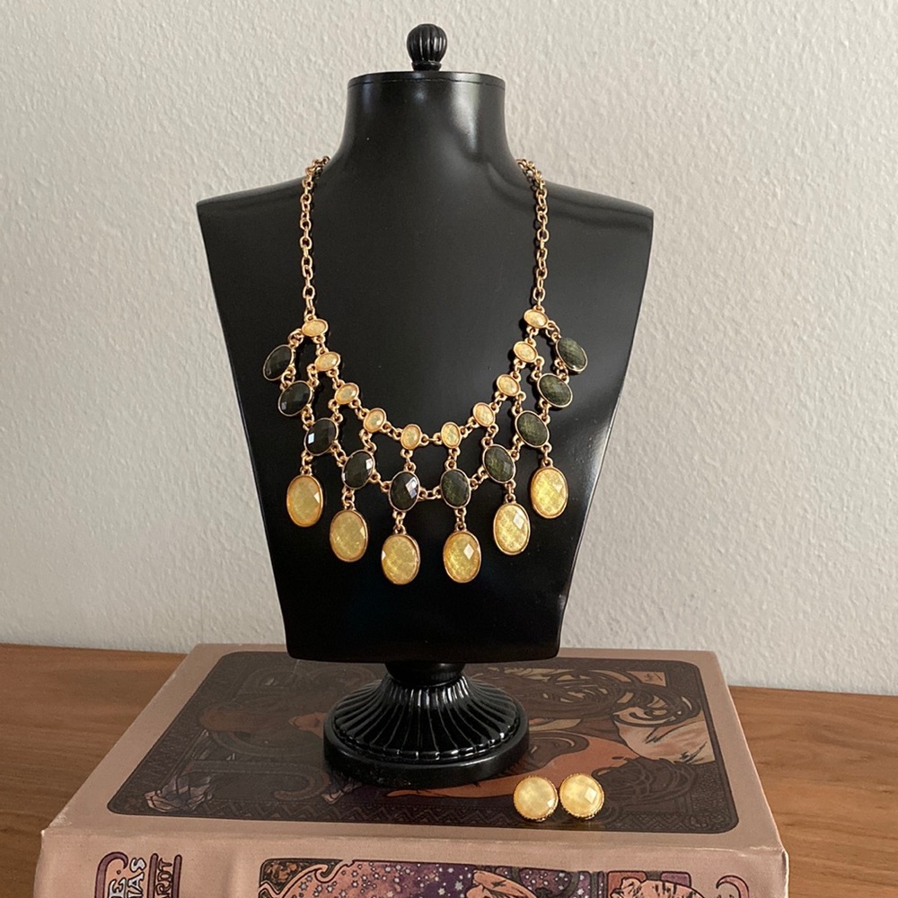 Gold tone necklace and earring set with sparkly faceted beads
